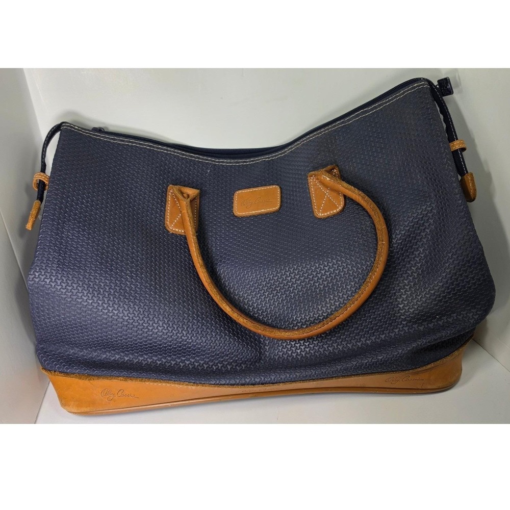 Oleg Cassini Navy Blue Textured Weekender Bag Tan Leather Trim Travel Tote Vtg